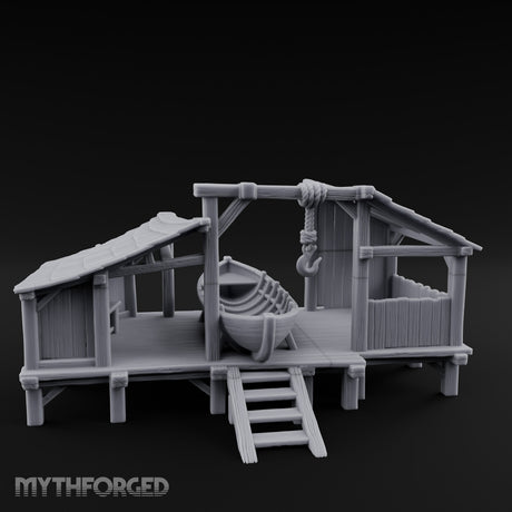 Hook-Hung Rowboat-Cradling Waterfront Boathouse Workshop Miniature for Dungeons and Dragons, Pathfinder or other TTRPGs