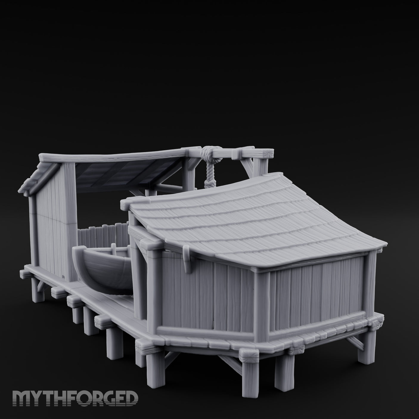 Hook-Hung Rowboat-Cradling Waterfront Boathouse Workshop Miniature for Dungeons and Dragons, Pathfinder or other TTRPGs