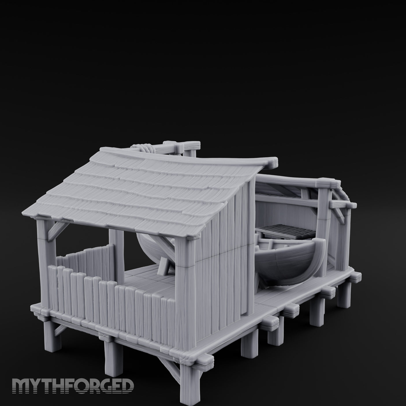 Hook-Hung Rowboat-Cradling Waterfront Boathouse Workshop Miniature for Dungeons and Dragons, Pathfinder or other TTRPGs