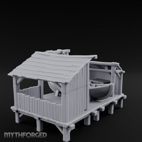 Hook-Hung Rowboat-Cradling Waterfront Boathouse Workshop Miniature for Dungeons and Dragons, Pathfinder or other TTRPGs