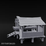 Hook-Hung Rowboat-Cradling Waterfront Boathouse Workshop Miniature for Dungeons and Dragons, Pathfinder or other TTRPGs