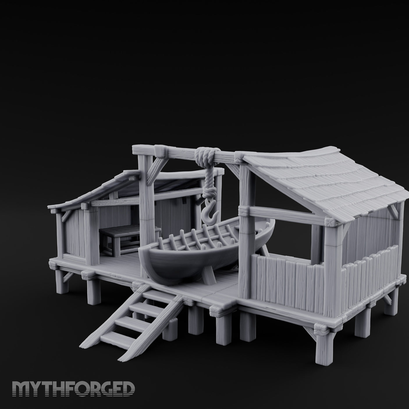 Hook-Hung Rowboat-Cradling Waterfront Boathouse Workshop Miniature for Dungeons and Dragons, Pathfinder or other TTRPGs