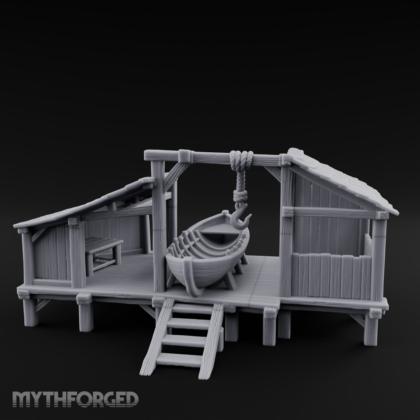 Hook-Hung Rowboat-Cradling Waterfront Boathouse Workshop Miniature for Dungeons and Dragons, Pathfinder or other TTRPGs