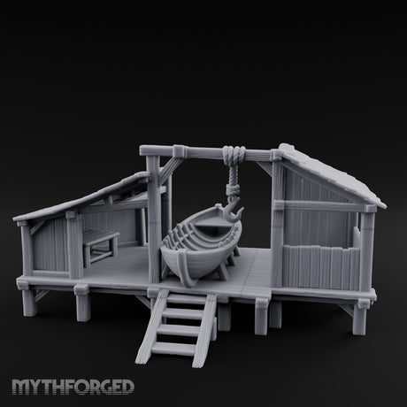 Hook-Hung Rowboat-Cradling Waterfront Boathouse Workshop Miniature for Dungeons and Dragons, Pathfinder or other TTRPGs