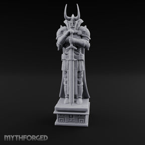 Horn-Helmed Sword-Gripping Armored Warrior Statue
