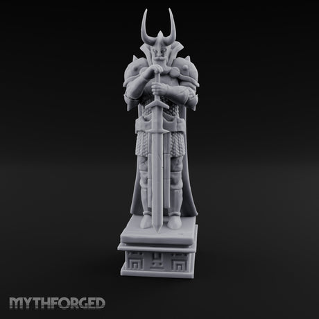Horn-Helmed Sword-Gripping Armored Warrior Statue