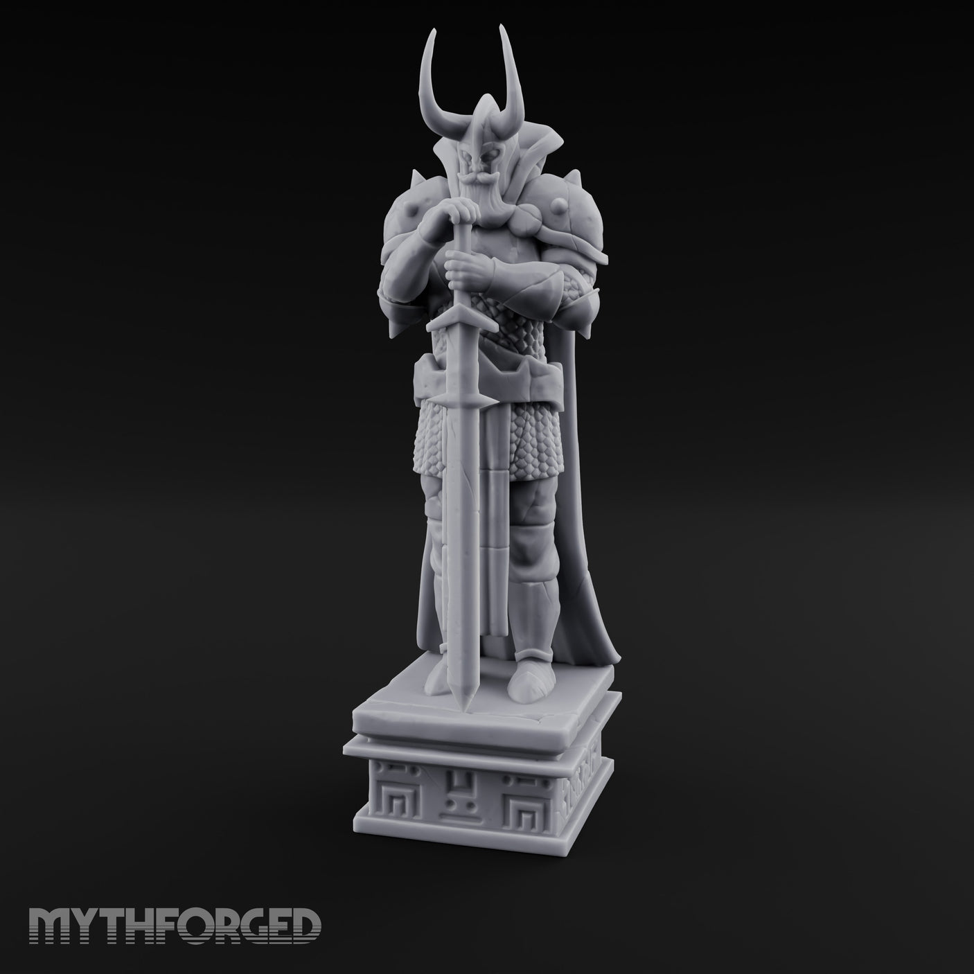 Horn-Helmed Sword-Gripping Armored Warrior Statue gallery 9