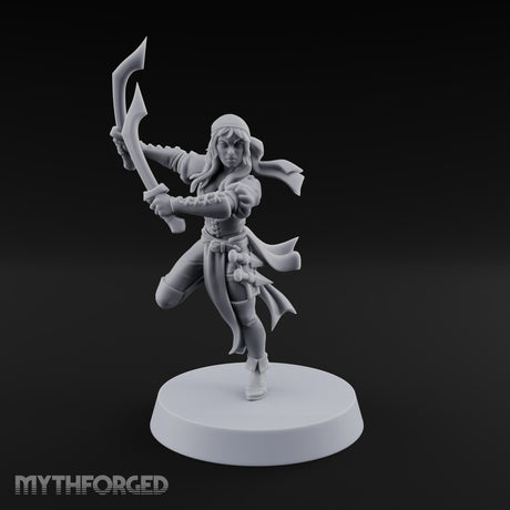 Never Lands Twice in One Spot Human Female Rogue with Twin Curved Blades — Swords