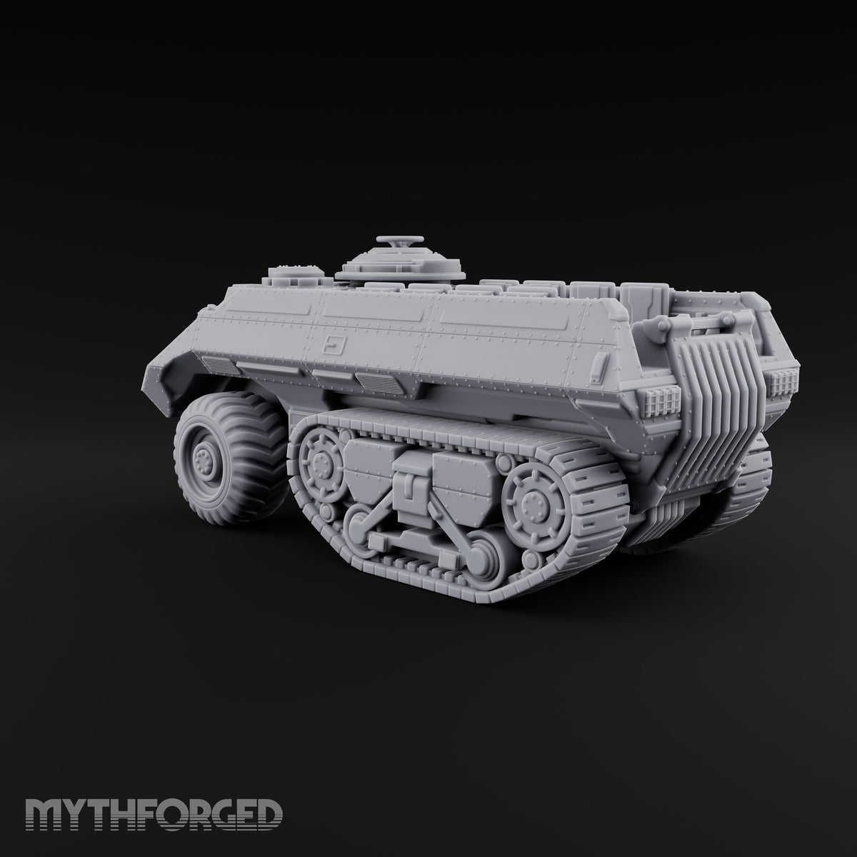 Half Wheels, Half Tracks Sci-Fi Armoured Half-Track Vehicle with Gunner — Closed Hatch