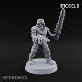 Trust the Moustache Human Armoured Heavy Weapons Soldiers — B · Gun 1 + Chainsword and Pistol + Gun 3 + Gun 4 + Gun 5