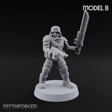 Trust the Moustache Human Armoured Heavy Weapons Soldiers — B · Gun 1 + Chainsword and Pistol + Gun 3 + Gun 4 + Gun 5