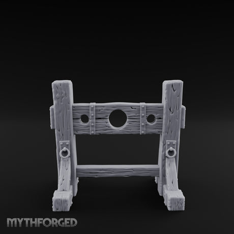 Iron-Riveted Grain-Split Punishment Stocks Miniature for Dungeons and Dragons, Pathfinder or other TTRPGs