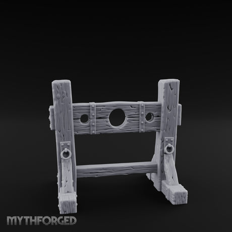 Iron-Riveted Grain-Split Punishment Stocks Miniature for Dungeons and Dragons, Pathfinder or other TTRPGs