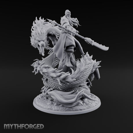 Stands Tall on Coiled Fury Human Bearded Warrior with Glaive and Coiled Eastern Dragon