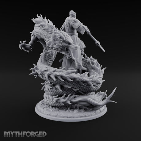Stands Tall on Coiled Fury Human Bearded Warrior with Glaive and Coiled Eastern Dragon
