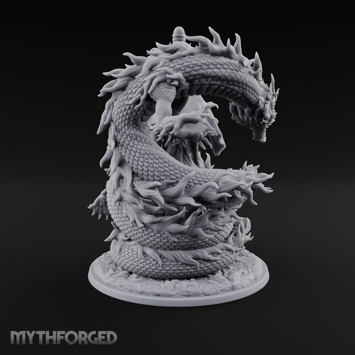 Stands Tall on Coiled Fury Human Bearded Warrior with Glaive and Coiled Eastern Dragon