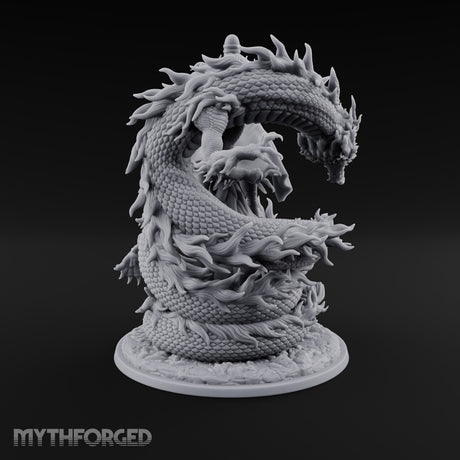 Stands Tall on Coiled Fury Human Bearded Warrior with Glaive and Coiled Eastern Dragon