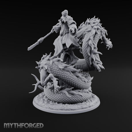 Stands Tall on Coiled Fury Human Bearded Warrior with Glaive and Coiled Eastern Dragon
