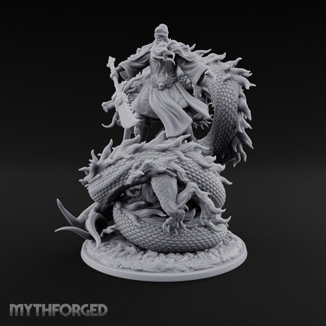 Stands Tall on Coiled Fury Human Bearded Warrior with Glaive and Coiled Eastern Dragon
