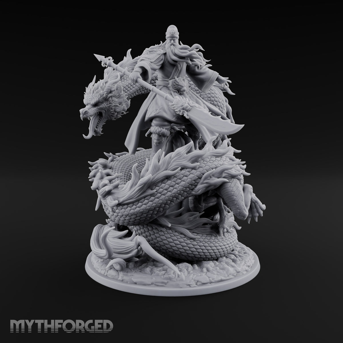 Stands Tall on Coiled Fury Human Bearded Warrior with Glaive and Coiled Eastern Dragon