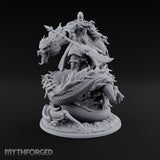 Stands Tall on Coiled Fury Human Bearded Warrior with Glaive and Coiled Eastern Dragon