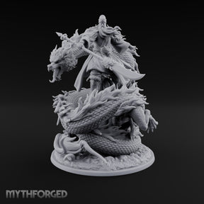 Stands Tall on Coiled Fury Human Bearded Warrior with Glaive and Coiled Eastern Dragon