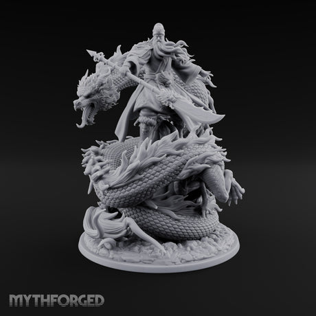 Stands Tall on Coiled Fury Human Bearded Warrior with Glaive and Coiled Eastern Dragon