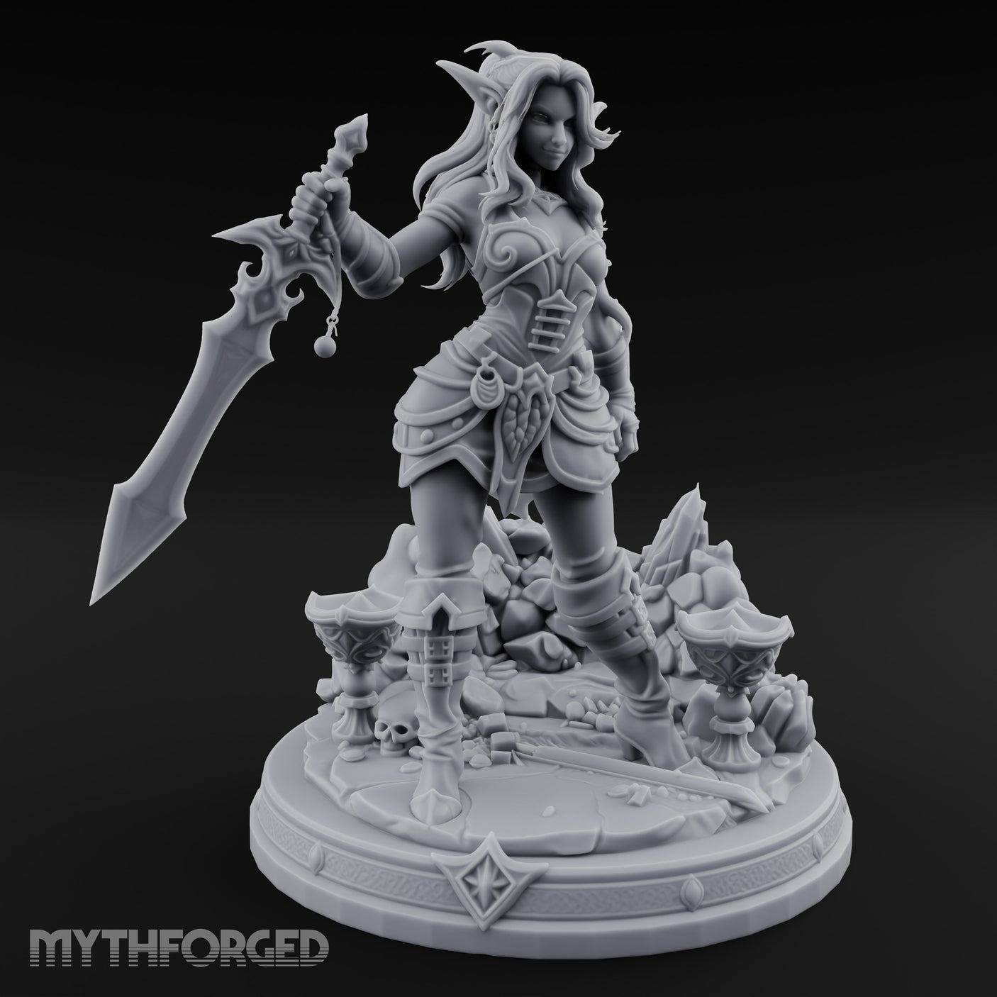 Jagged Blade Raised Smirking Elf Warrior — 32mm
