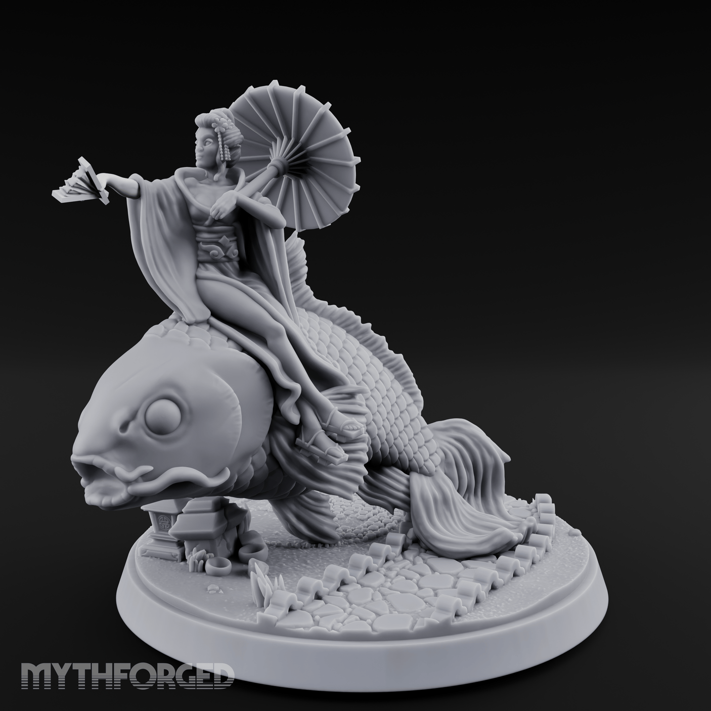 Fan Flourishing Koi Mage Miniature for Dungeons and Dragons, Pathfinder or other TTRPGs
