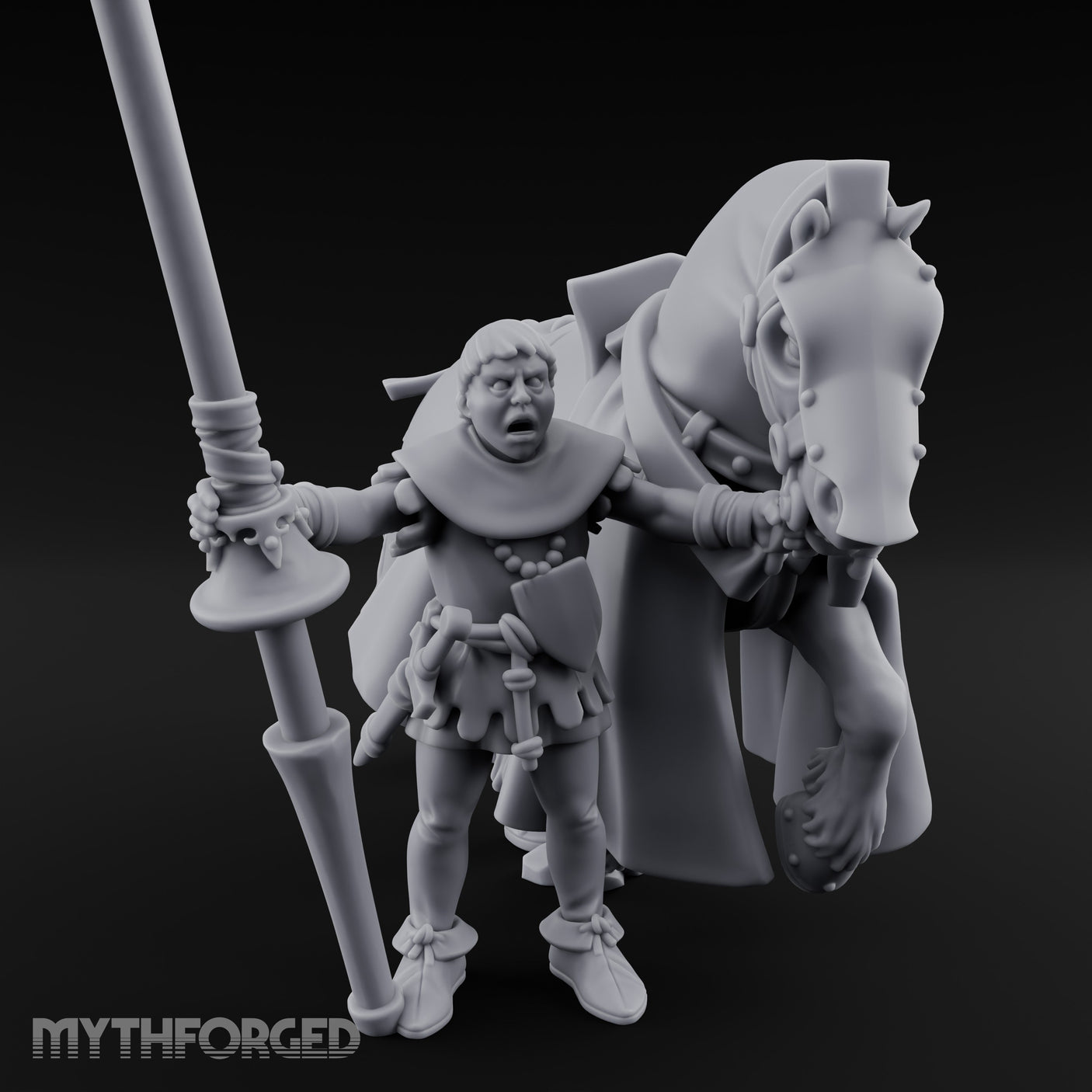 Lance Gripping Horse Steadying Human Squire with Horse Miniature for Dungeons and Dragons, Pathfinder or other TTRPGs