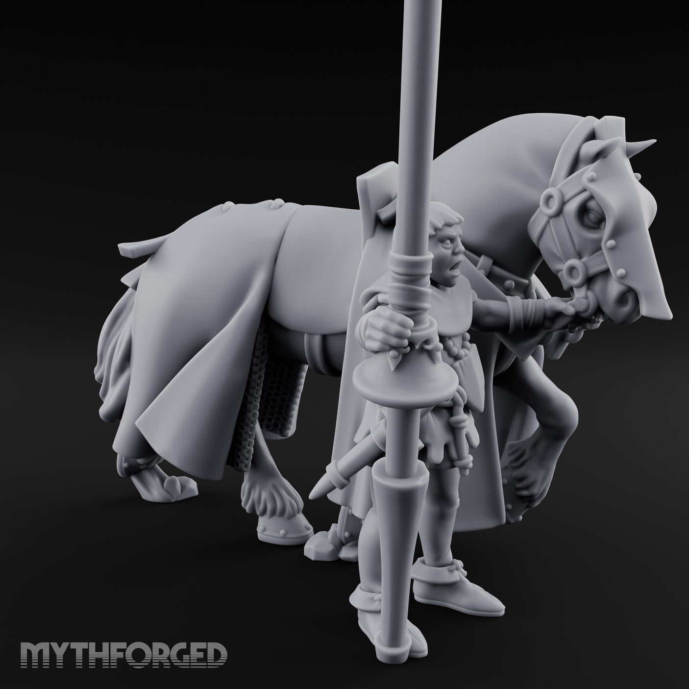Lance Gripping Horse Steadying Human Squire with Horse Miniature for Dungeons and Dragons, Pathfinder or other TTRPGs