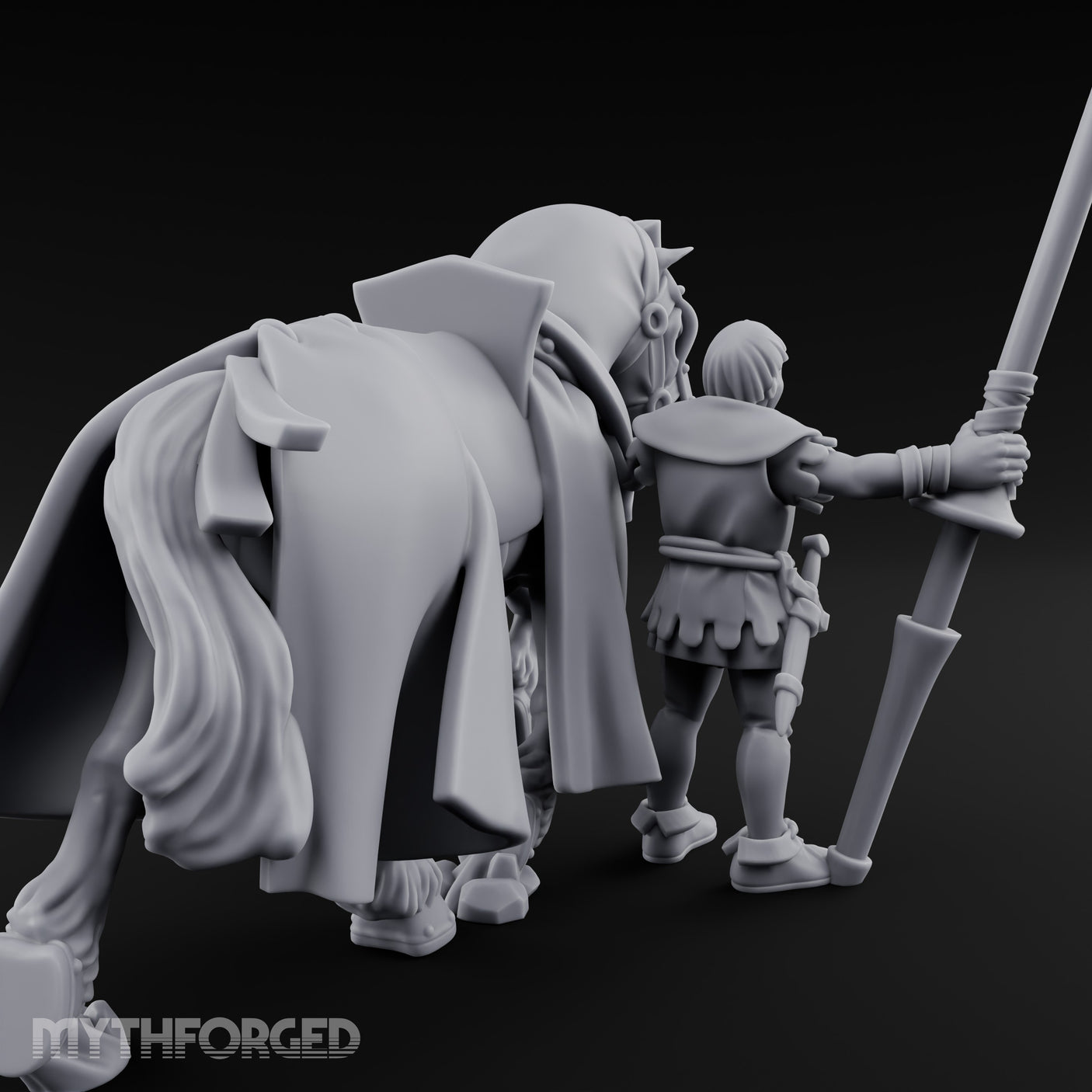 Lance Gripping Horse Steadying Human Squire with Horse Miniature for Dungeons and Dragons, Pathfinder or other TTRPGs