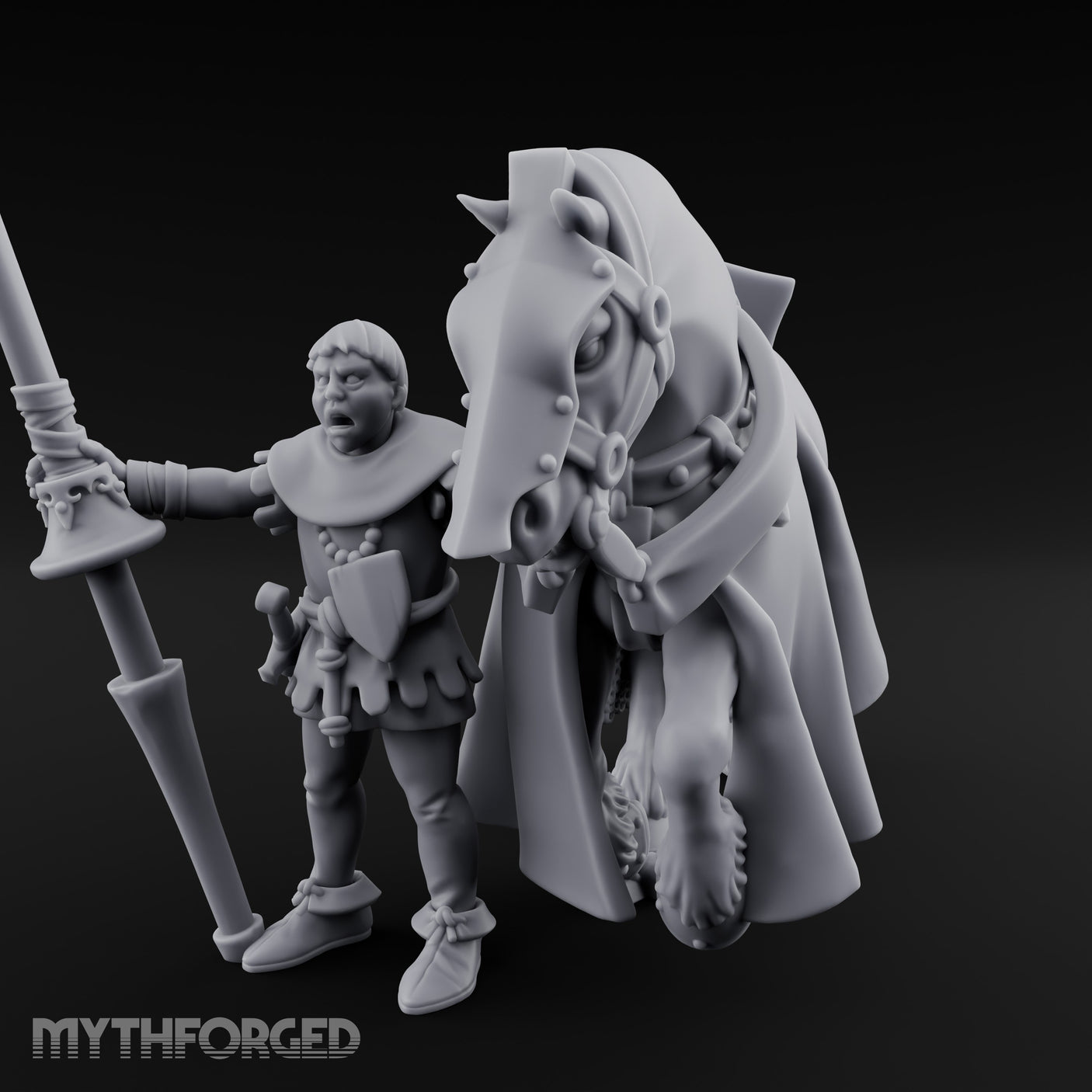 Lance Gripping Horse Steadying Human Squire with Horse Miniature for Dungeons and Dragons, Pathfinder or other TTRPGs
