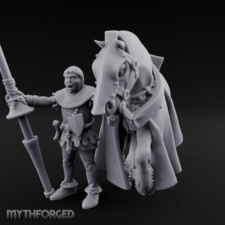 Lance Gripping Horse Steadying Human Squire with Horse Miniature for Dungeons and Dragons, Pathfinder or other TTRPGs