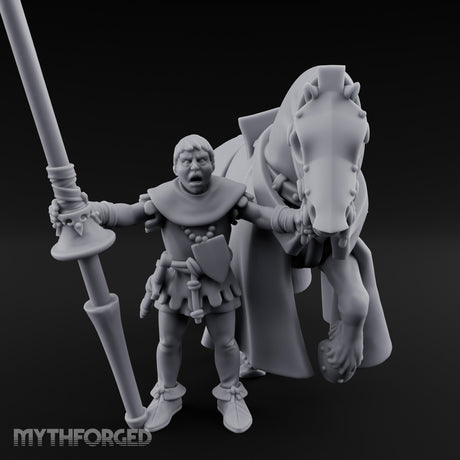 Lance Gripping Horse Steadying Human Squire with Horse Miniature for Dungeons and Dragons, Pathfinder or other TTRPGs