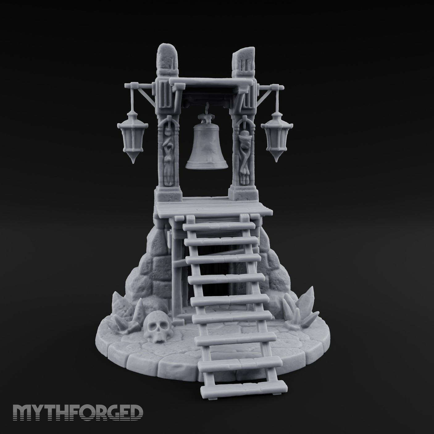 Lantern-Flanked Skull-Strewn Hillside Bell Stand Miniature for Dungeons and Dragons, Pathfinder or other TTRPGs