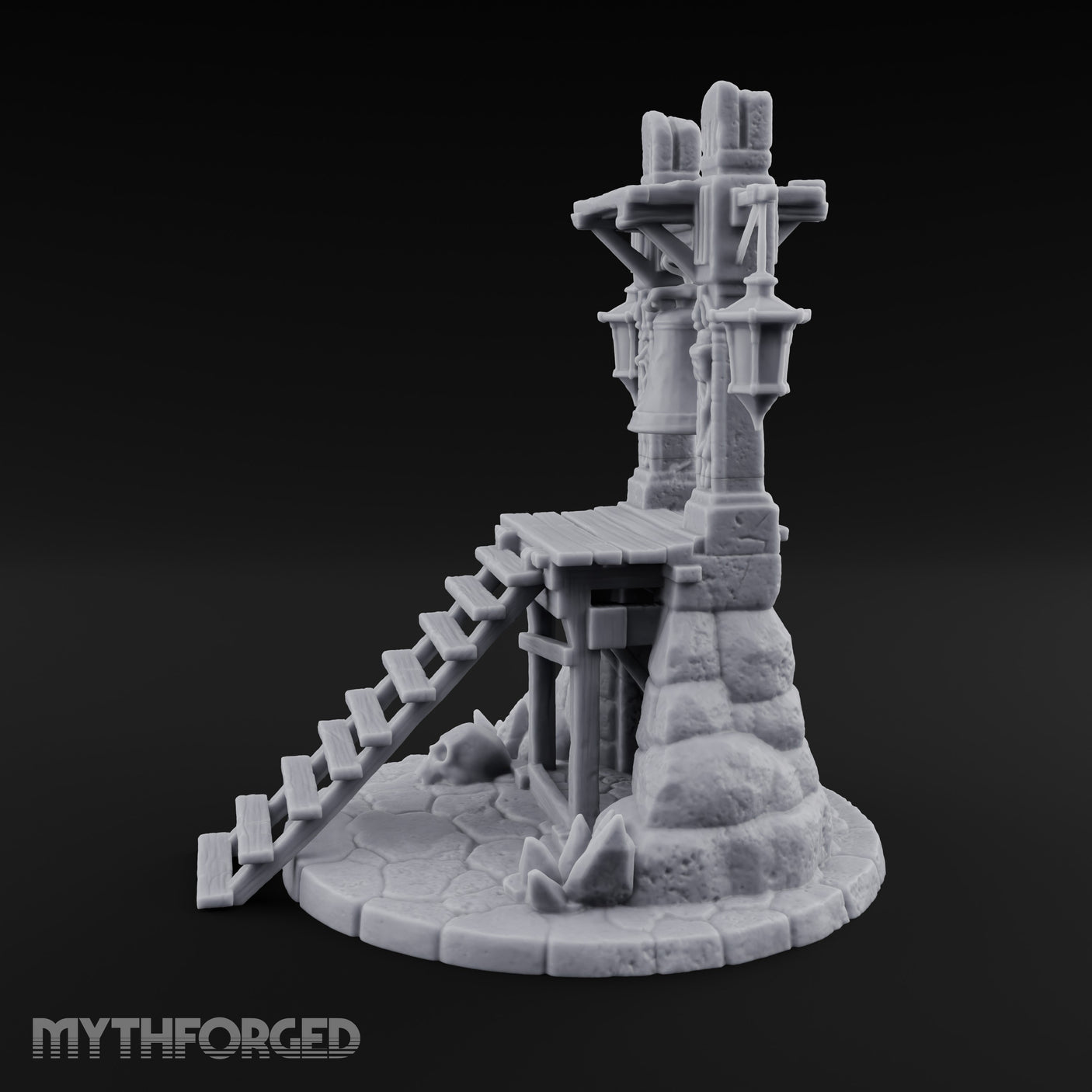 Lantern-Flanked Skull-Strewn Hillside Bell Stand Miniature for Dungeons and Dragons, Pathfinder or other TTRPGs