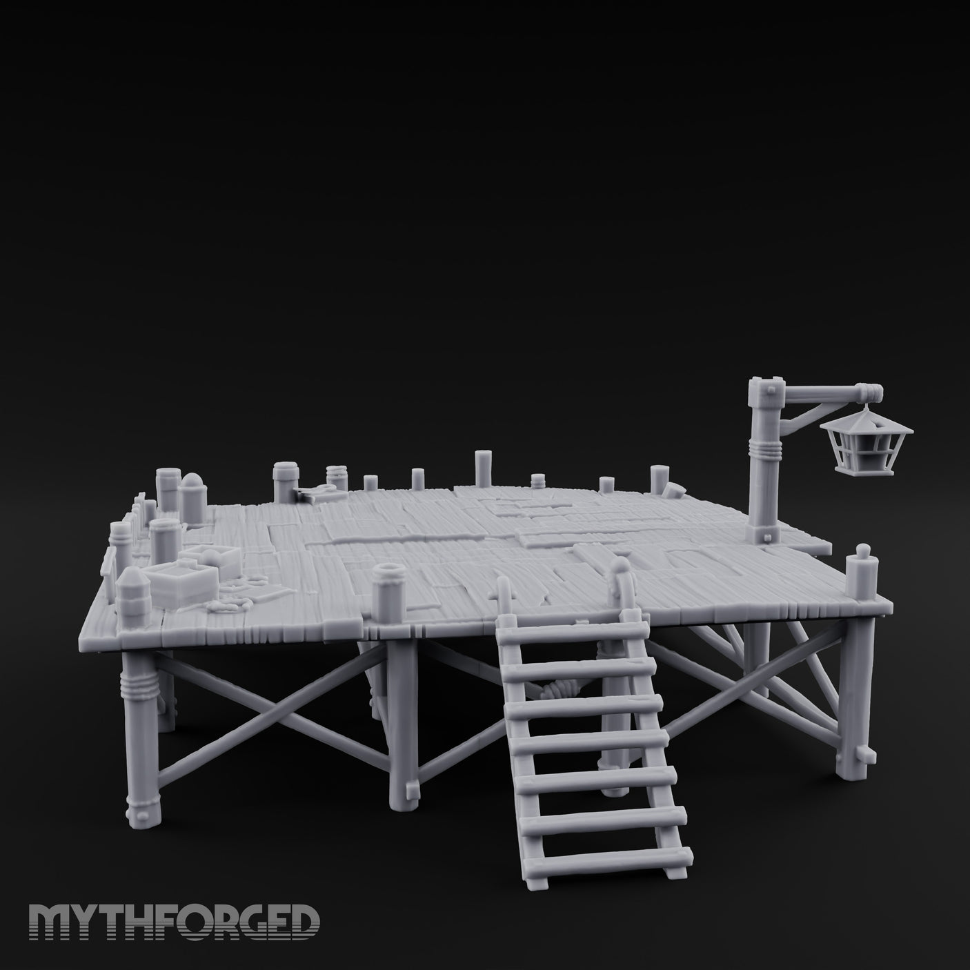 Lantern-Hung Ladder-Accessed Raised Dockside Platform Miniature for Dungeons and Dragons, Pathfinder or other TTRPGs