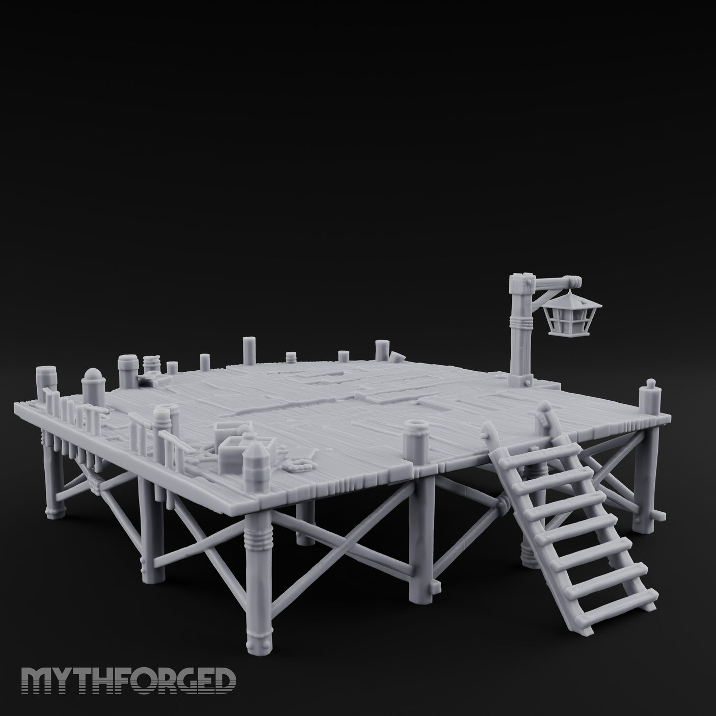 Lantern-Hung Ladder-Accessed Raised Dockside Platform Miniature for Dungeons and Dragons, Pathfinder or other TTRPGs