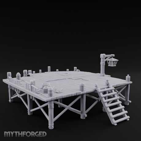 Lantern-Hung Ladder-Accessed Raised Dockside Platform Miniature for Dungeons and Dragons, Pathfinder or other TTRPGs