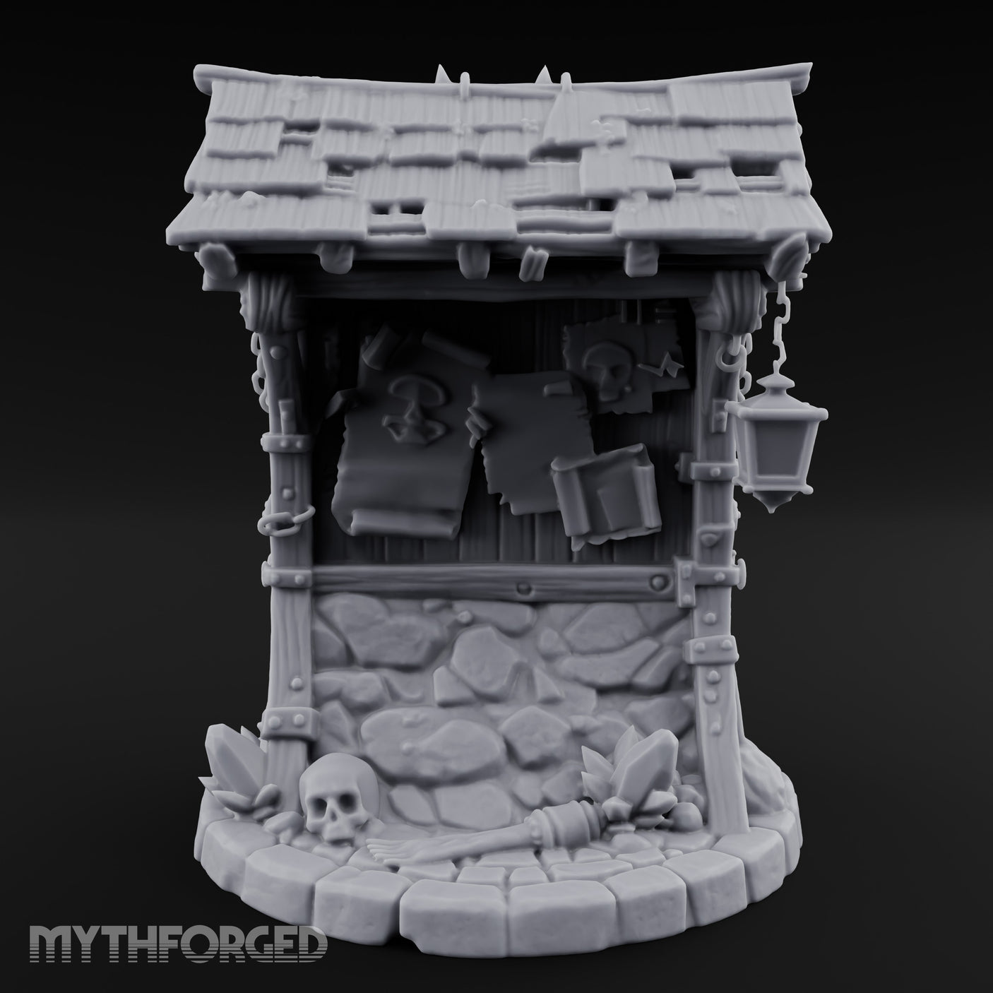 Lantern-Hung Skull-Scattered Necromancer Notice Board Stall Miniature for Dungeons and Dragons, Pathfinder or other TTRPGs