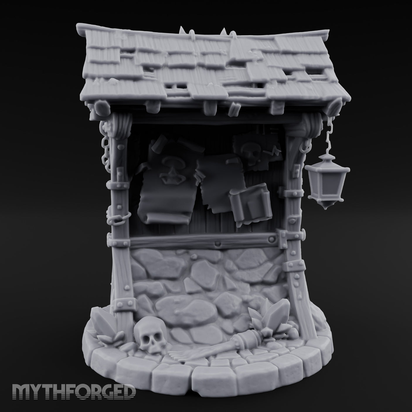 Lantern-Hung Skull-Scattered Necromancer Notice Board Stall Miniature for Dungeons and Dragons, Pathfinder or other TTRPGs