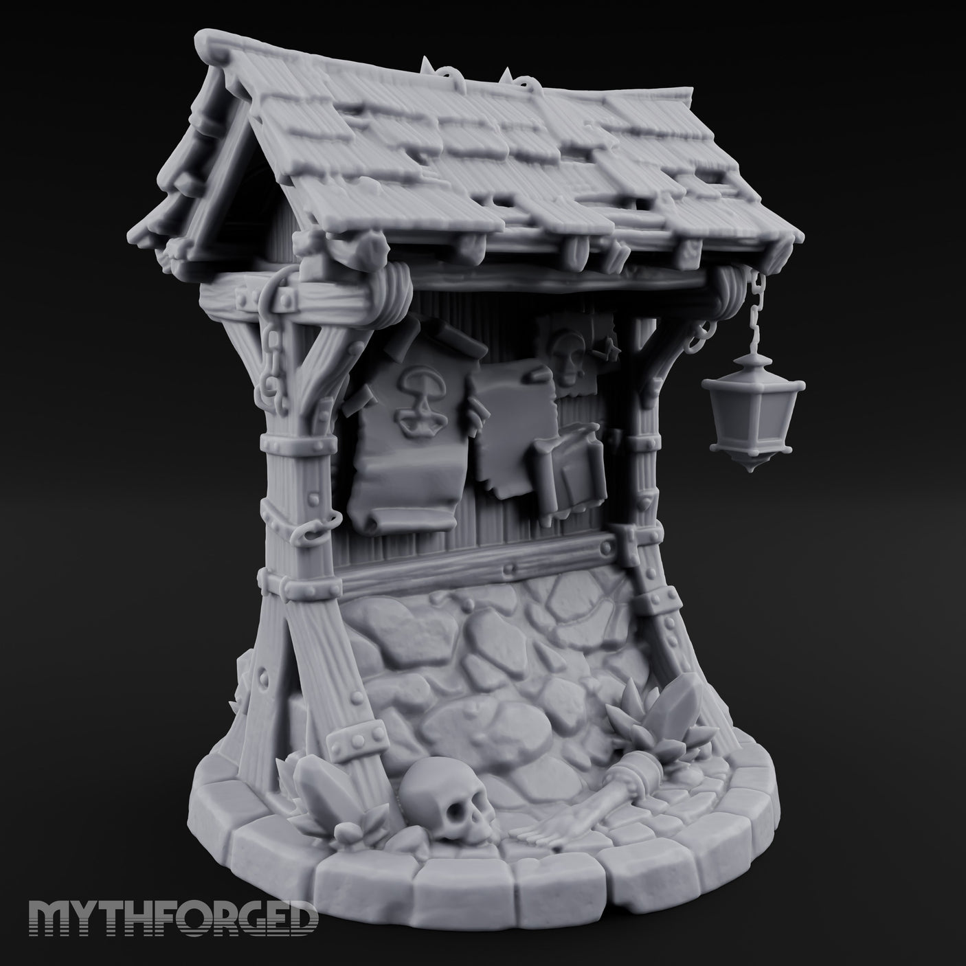 Lantern-Hung Skull-Scattered Necromancer Notice Board Stall Miniature for Dungeons and Dragons, Pathfinder or other TTRPGs