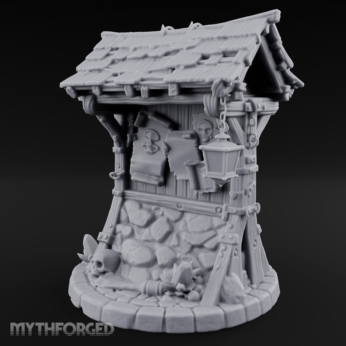 Lantern-Hung Skull-Scattered Necromancer Notice Board Stall Miniature for Dungeons and Dragons, Pathfinder or other TTRPGs