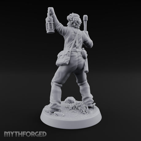 Lantern Raised Human Monster Hunter Miniature for Dungeons and Dragons, Pathfinder or other TTRPGs