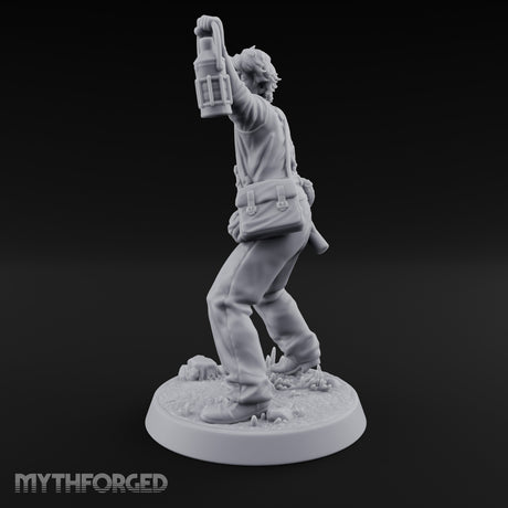 Lantern Raised Human Monster Hunter Miniature for Dungeons and Dragons, Pathfinder or other TTRPGs
