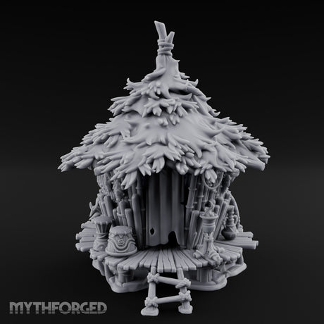 Leaf-Thatched Idol-Guarded Tribal Bamboo Hut Miniature for Dungeons and Dragons, Pathfinder or other TTRPGs