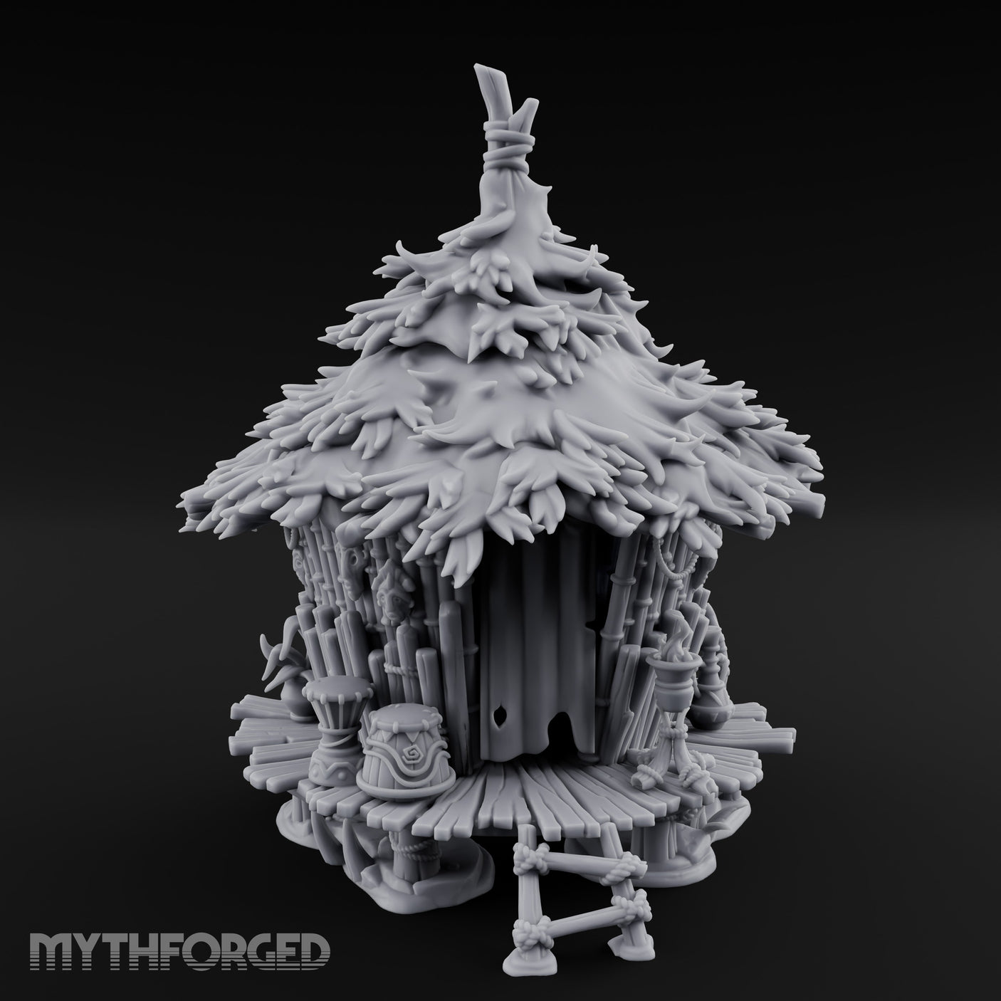 Leaf-Thatched Idol-Guarded Tribal Bamboo Hut Miniature for Dungeons and Dragons, Pathfinder or other TTRPGs