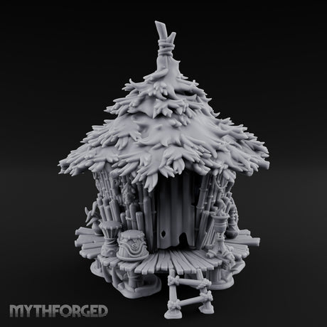 Leaf-Thatched Idol-Guarded Tribal Bamboo Hut Miniature for Dungeons and Dragons, Pathfinder or other TTRPGs