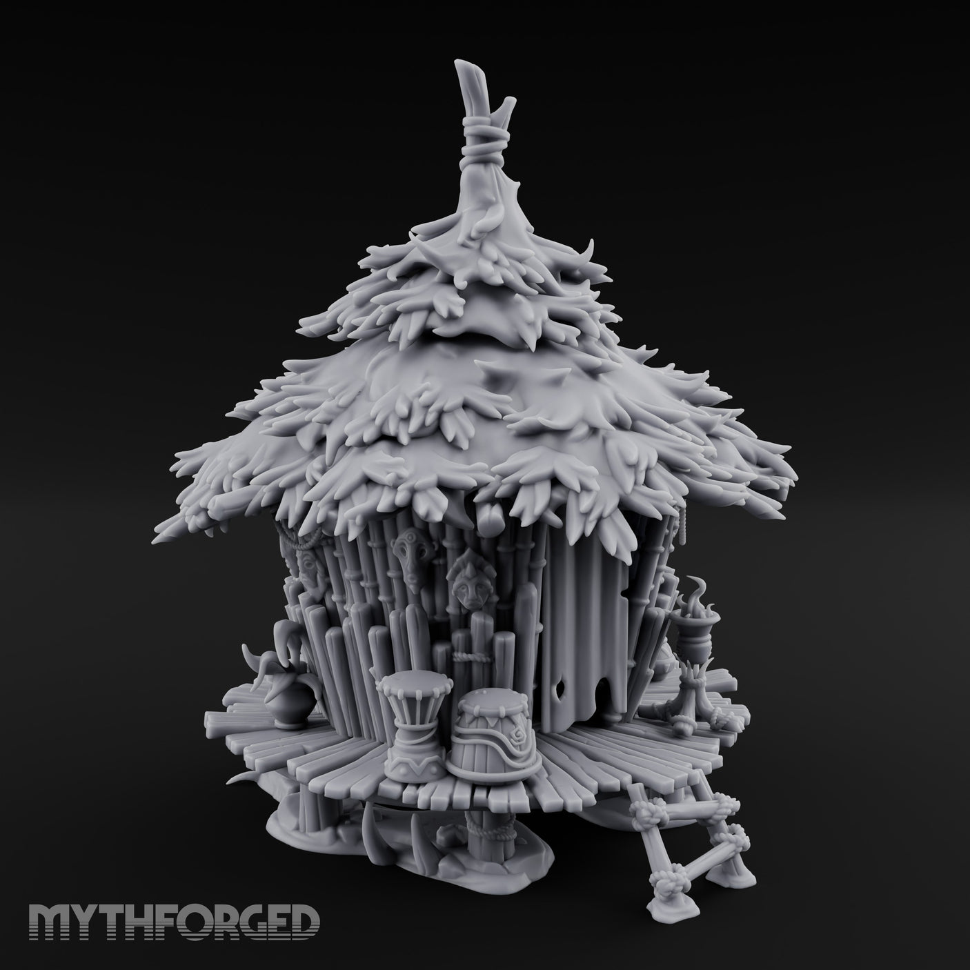 Leaf-Thatched Idol-Guarded Tribal Bamboo Hut Miniature for Dungeons and Dragons, Pathfinder or other TTRPGs